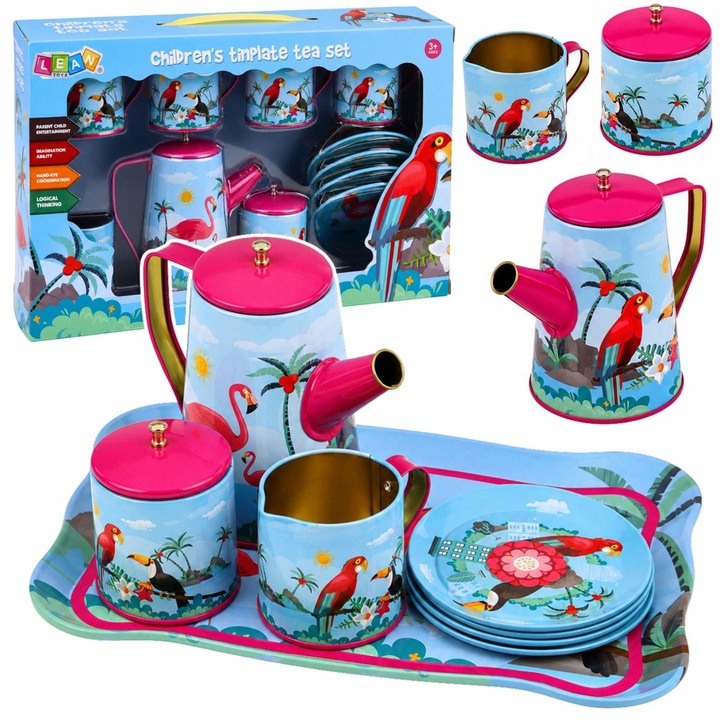 Set ceai copii Lean Toys papagali metalic multicolor 12 piese 32.5x20.5x8.5cm