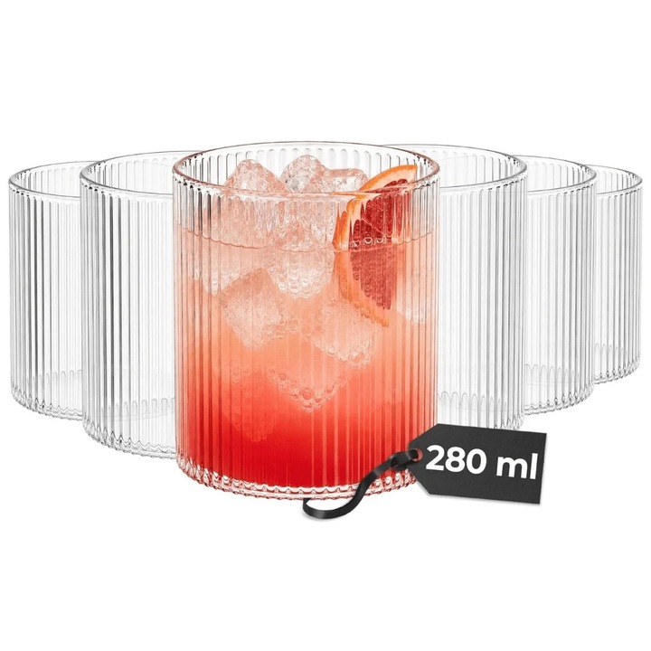 Set 6 Pahare Senita pentru apa si long drink, sticla cu caneluri, H 9 cm, 280 ml