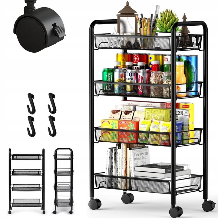 Raft mobil 4 niveluri metal negru 42x25.5x81cm set cu carlige