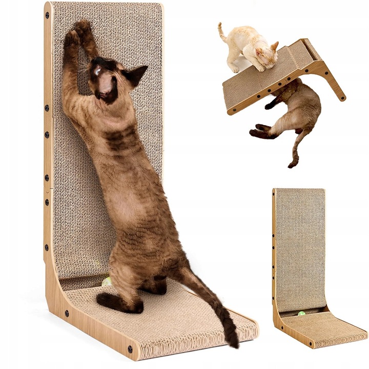 Drapak coltar pentru pisici, 68x42x28cm, carton ondulat, cu jucarie si minge