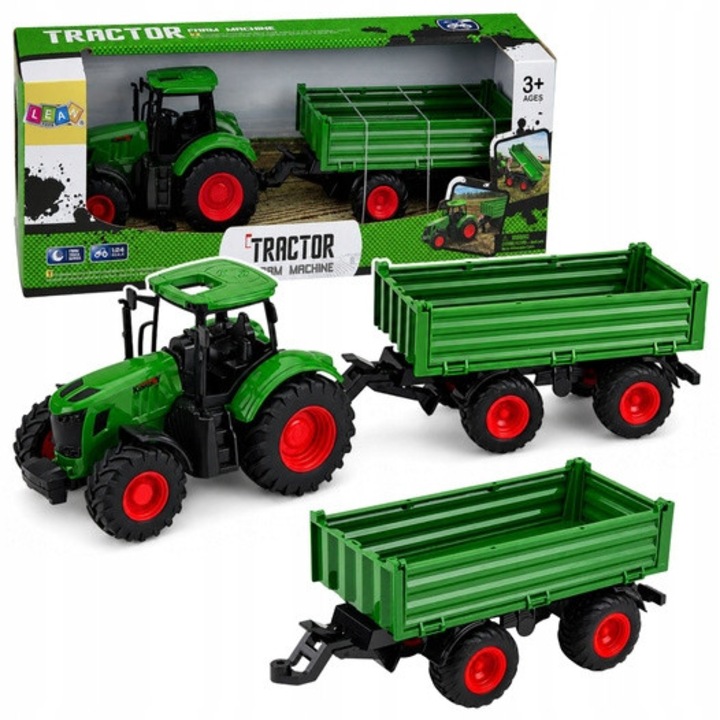 Tractor agricol cu remorca Lean Toys verde cauciucat 42x11.5x11cm 1:24