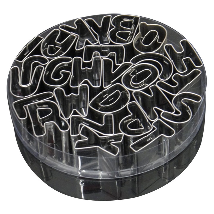 Set 26 forme prajituri litere alfabet inox 2x2cm cutii PVC