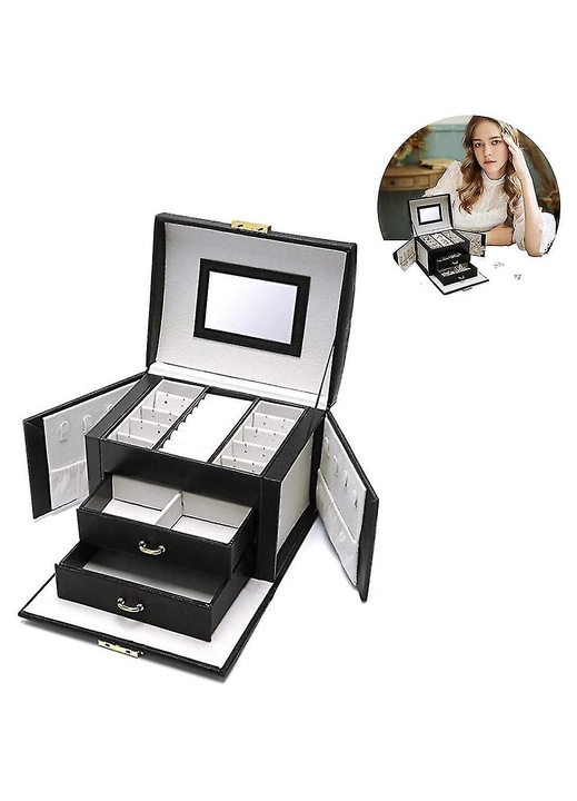 Cutie bijuterii, organizator piele ecologica, negru nude roz, 17.5x13.5x12cm