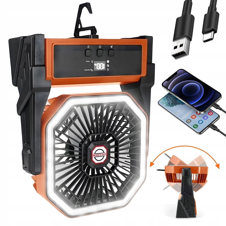 Mini hordozható ventilátor, 4 sebességfokozat, 3 fényerősségi szint, narancs-fekete, 26.9x21.9cm