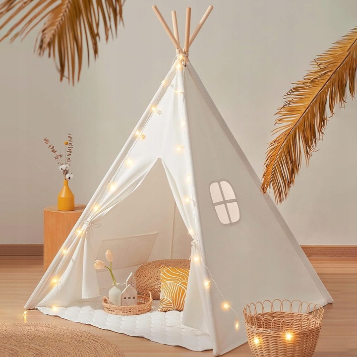 Cort de joaca tipi, alb, 120x120x130cm, lemn