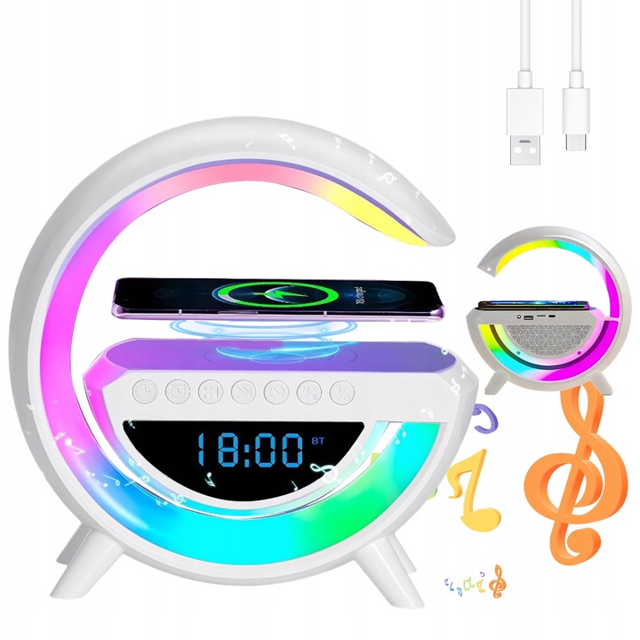 Bedee többfunkciós LED lámpa, Bluetooth, vezeték nélküli töltés, RGB, 23.5x23.5x8cm