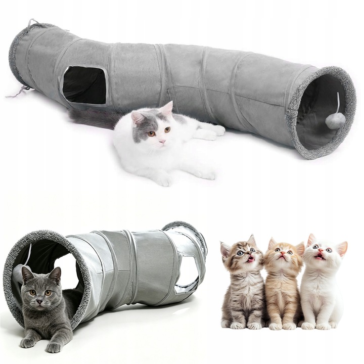 Tunel de joaca pentru pisici, gri, 117x27cm, imitatie catifea, cadru metalic S-forma