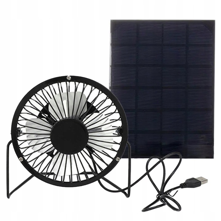 Hordozható napelemes ventilátor 4 inch USB forgatható 360 fokos fehér 10x10cm