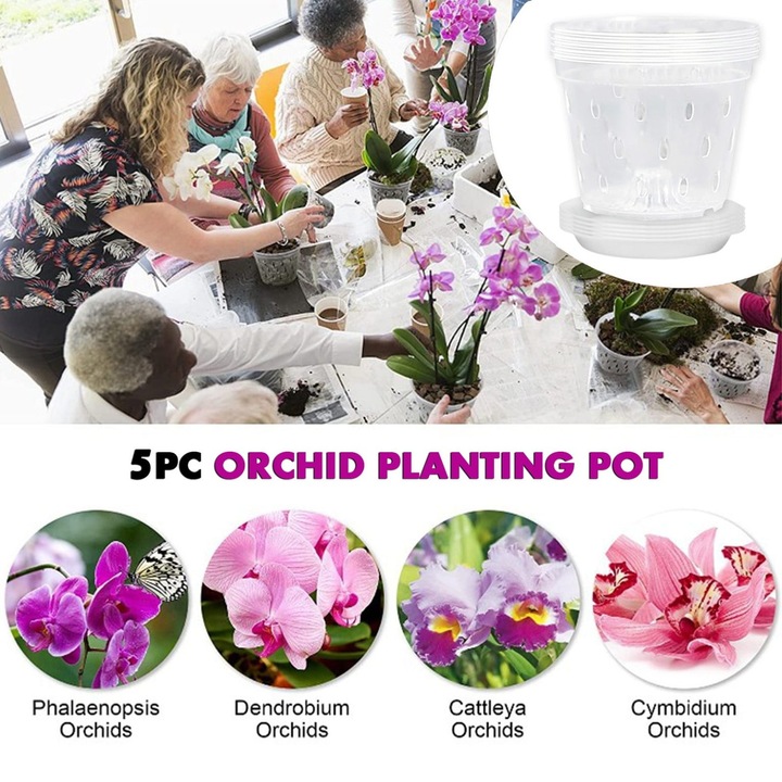 5 db átlátszó perforált orchidea cserép szett, több színű alátéttel, univerzális méret