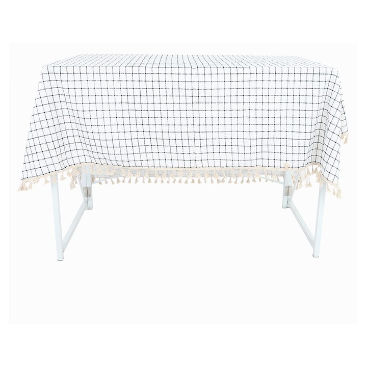 Skandináv stílusú pamut és lenvászon asztalterítő rojtos, kék 140x140cm