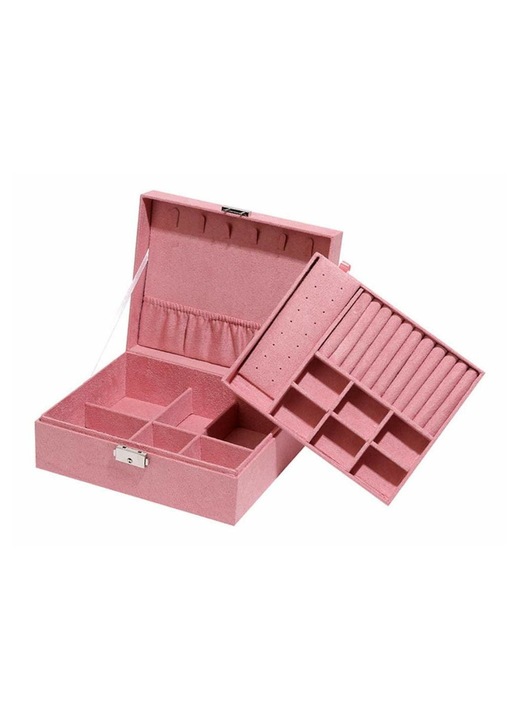 Cutie bijuterii organizator 2 straturi piele velur negru 23x19x9cm cu lacat