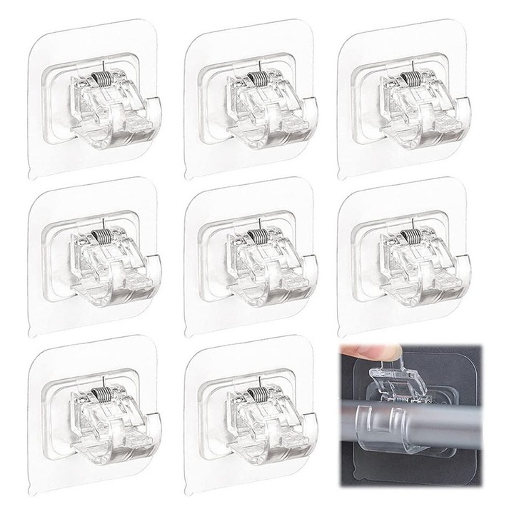 Set 8 carlige transparente pentru suport perdea autoadezive 6.6x4.1cm