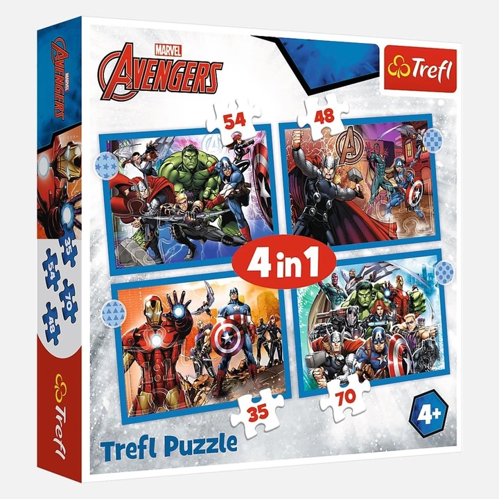 Детски пъзел Avengers 4 в 1 - Trefl, Класически, 70 части, Хартия, 29x21 см, Многоцветен