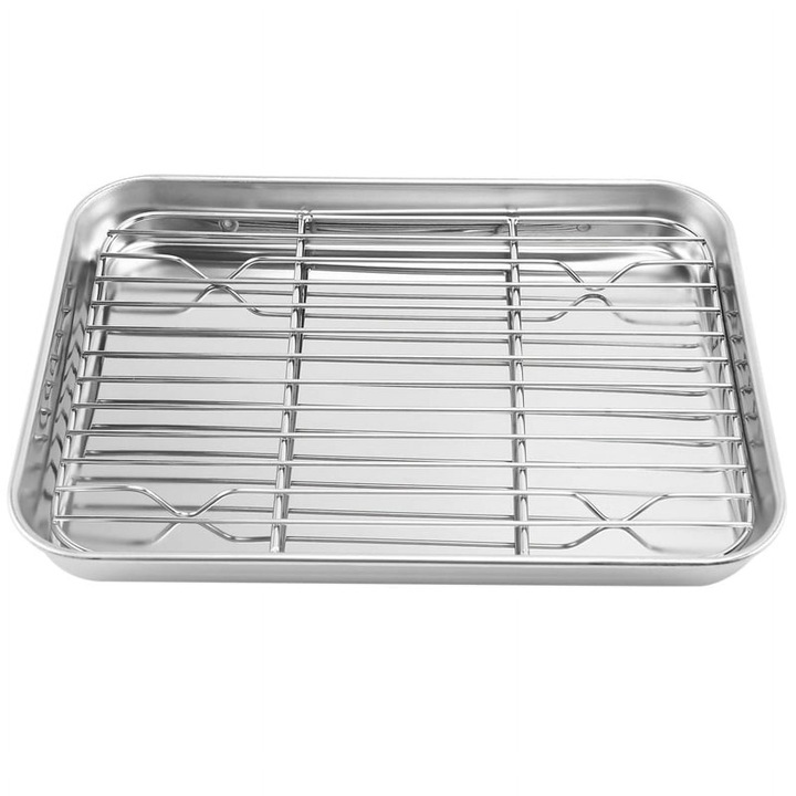Set tava si gratar pentru cuptor prajitor, otel inoxidabil, 23x17x2.5cm, argintiu