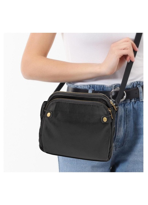 PU bőr crossbody válltáska, három rétegű, fekete, 27x9x20cm
