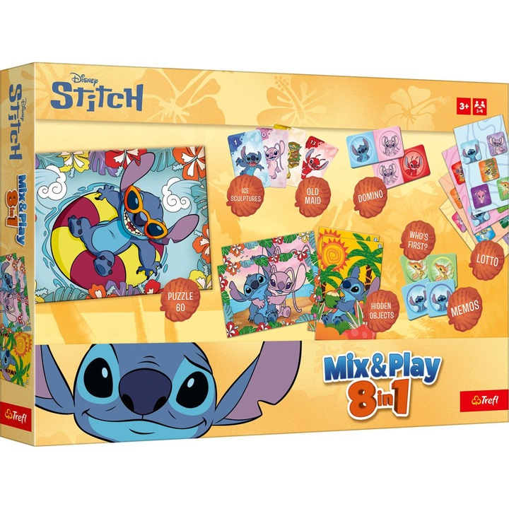 Комплект настолни игри Lilo, Stitch – мемо, пъзел и домино 8 в 1, Картон, 39.5x4.5x26.5 см, Многоцветен