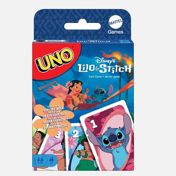 Настолна игра UNO Lilo, Stitch - Mattel, Картон, 9x2x11.5 см, Многоцветен