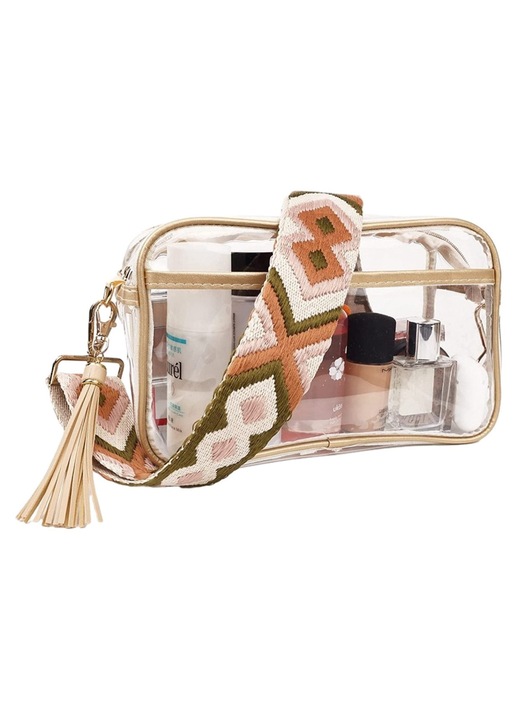 Átlátszó crossbody táska, gitárpánt, fekete fehér sárga, 26x16x8cm