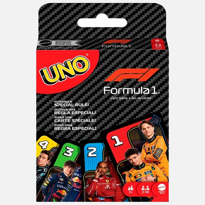 UNO Карти Formula 1 - Mattel, Картон, 9x2x11.5 см, Многоцветен