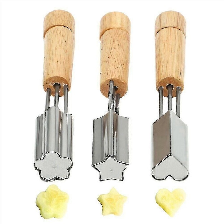 Set 3 forme prajituri fluture inima stea, inox, manere lemn, 3 piese