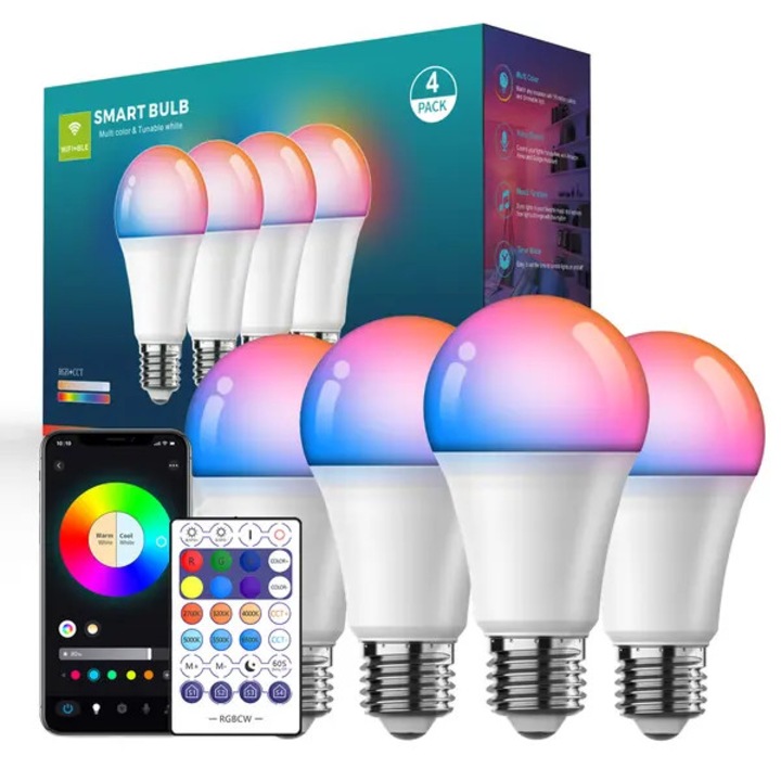 4 db okos WiFi Bluetooth LED izzó készlet, színváltós, távirányítós, 10W és 6 db Edison E27 ST64 izzószálas izzó készlet, meleg fehér, 140x64mm