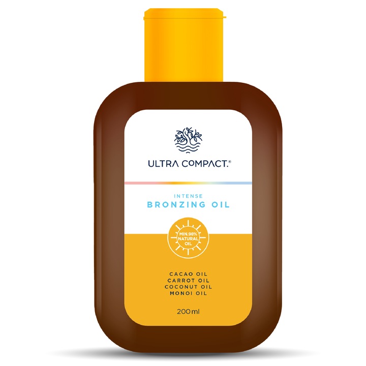 Olaj gyors barnuláshoz a strandon, 200 ml, kókuszolajjal, kakaóval, sárgarépával és monoi-val, természetes ragyogó felület, szatén hatás, trópusi illat, enyhe napozáshoz, Ultra Compact