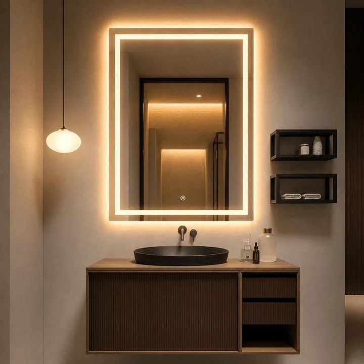 Premium LED Tükör, Téglalap alakú, 60×80 cm, Elől-hátul világítás, Dimmelhető, Érintéses, Rézmentes