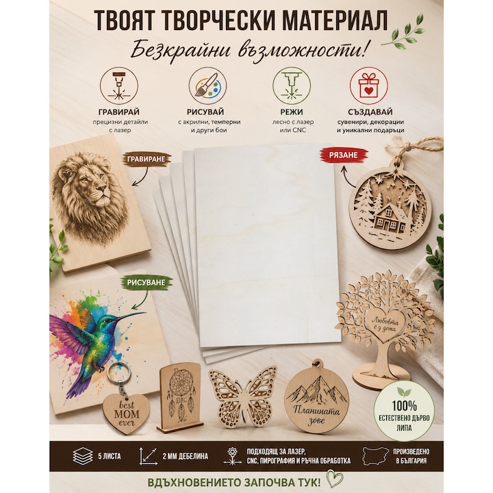 Комплект Шперплат Favo, Топола, За моделиране, лазерно рязане, пирография, гравиране и др., 30x30 см, 2 мм, 5 броя