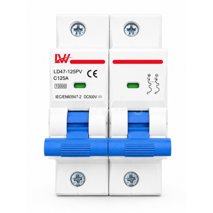 Întrerupător automat, E-ETOP, ELD47-125PV-125A, 2P, 100A, 500V DC, 10kA, șină DIN, pentru sisteme solare, alb