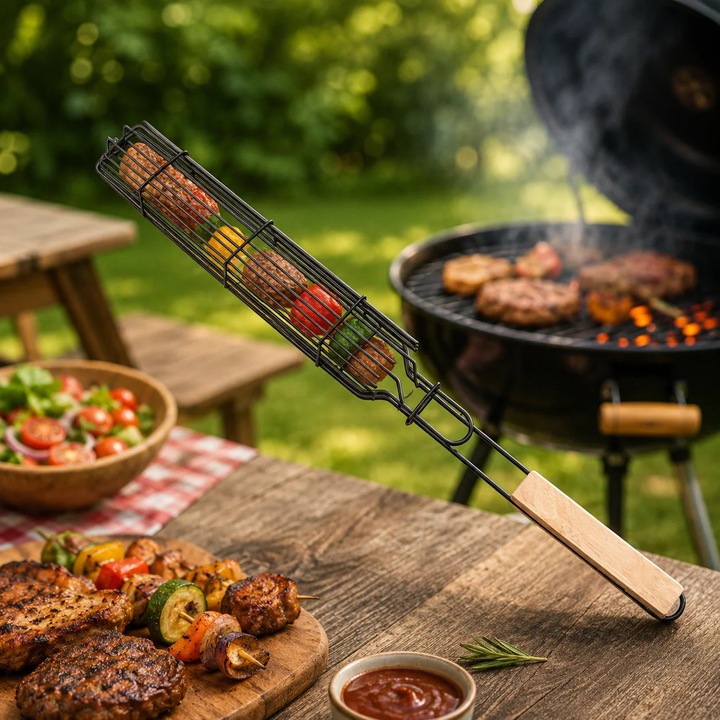 Grillspitkos, rozsdamentes acélból, méretek 49x4.5x3.5 cm, fémnyéllel, fekete