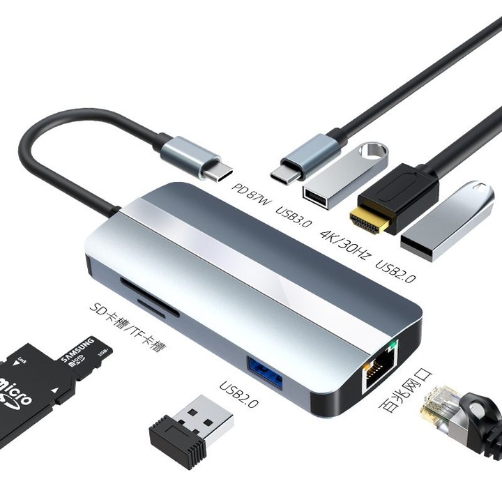 USB C Hub 8 az 1-ben, asztroszürke, 10x4.6x1cm, 87W, 4K HDMI, RJ45, USB3.0