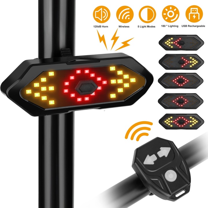 5 az 1-ben kerékpár hátsó lámpa, irányjelző, vezeték nélküli távirányító, USB, vízálló, 100 lumen