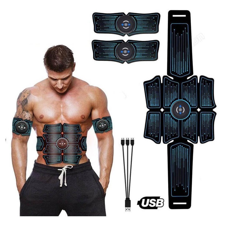Electrostimulator abdominal EMS k0441-0721-QHeamg211196, USB reincarcabil, 6 moduri, 19 niveluri de intensitate, autocolante gel, negru, 60.6x21.5 cm