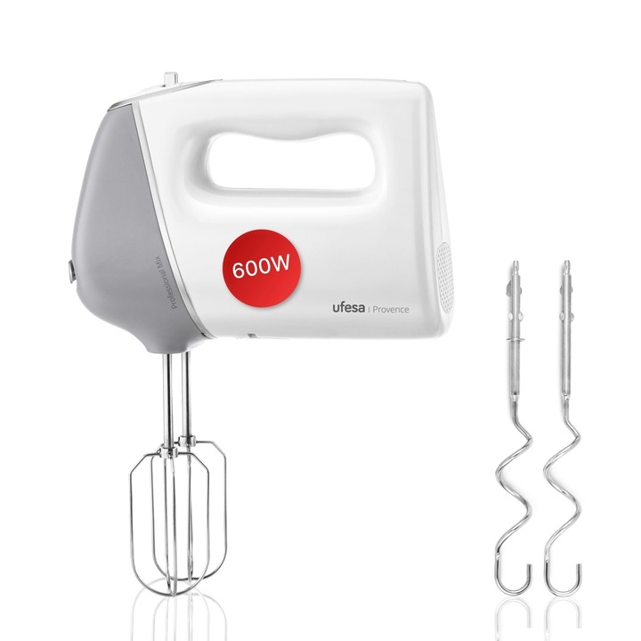 UFESA Provence kézi mixer, 600 W, 5 sebesség + turbo, rozsdamentes acél tartozékok, fehér/szürke