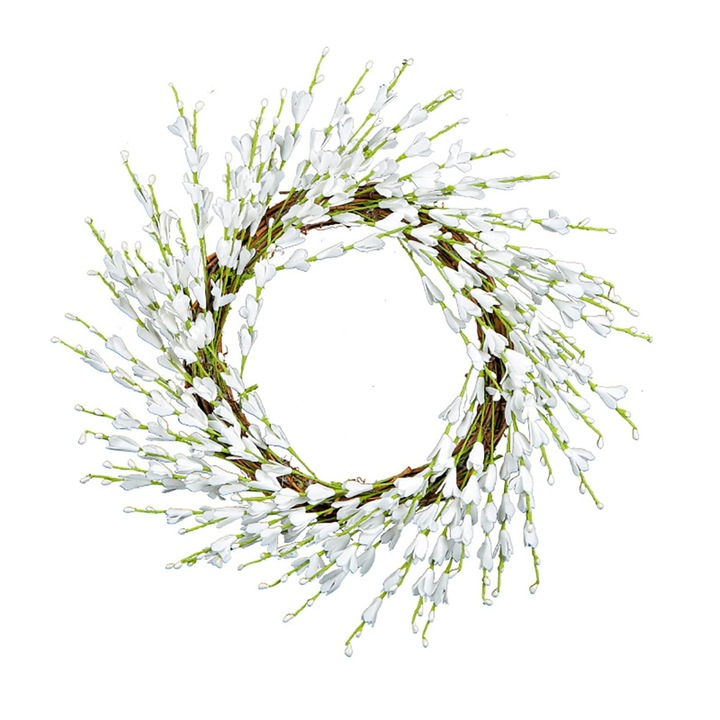 Forsythia műkoszorú, természetes inda, fehér-kék, 40x40cm, világítással és akasztóval