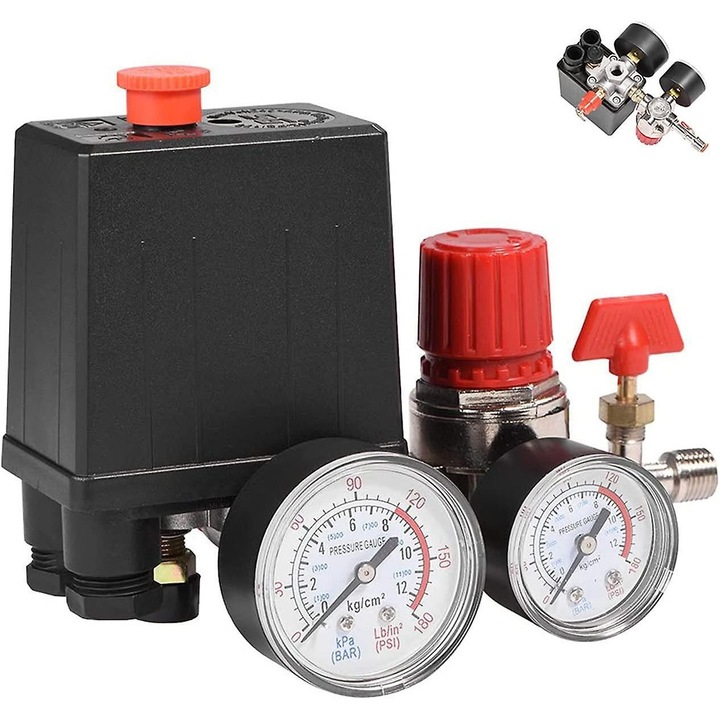 Comutator presiune compresor aer 4 porturi 90-120psi cu manometru 5-8BAR