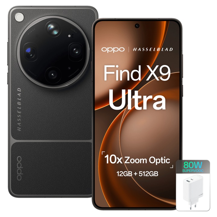 Telefon mobil OPPO Find X9 Ultra, 512GB, 12GB RAM, 5G Dual SIM, Baterie 7050mAh, 200MP Camera Hasselblad, Tundra Umber + Incarcator OPPO 80W SuperVOOC