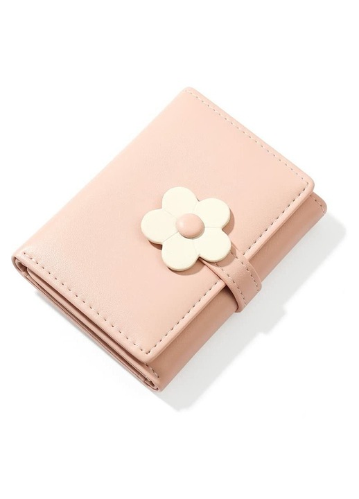 Portofel mic trifold femei, piele PU, flori, roz, 10.8x8.0x2cm
