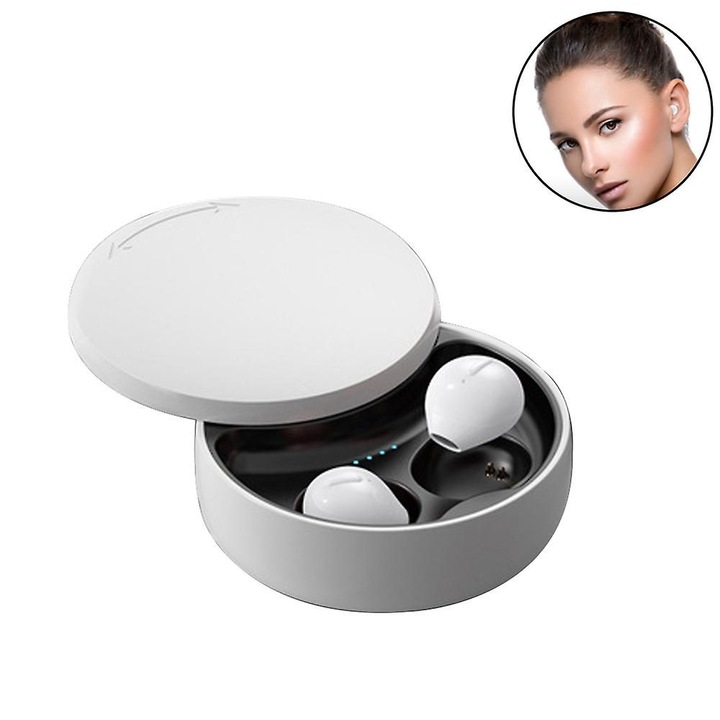 Vezeték nélküli Bluetooth 5.0 fülhallgató, mini, fekete-fehér, 17.5x17x13mm, 5.8x5.8x2.2cm
