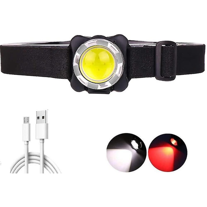 COB LED fejlámpa, 3000 lumen, USB, piros, vízálló