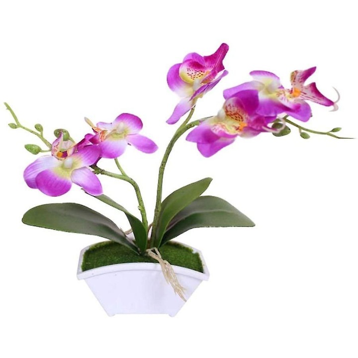 Műbonsai, lila orchidea, 20x27cm, melamin cserép 11x5.5x6cm