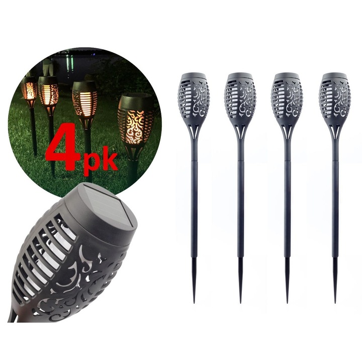 4 db napelemes kerti lámpa, táncoló láng effektussal, 12 LED, fekete, 50x7.5x7.5cm