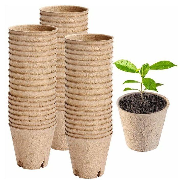 50 db biológiailag lebomló cserép szett pépből, vastag, címkékkel, 8.8x7.5cm