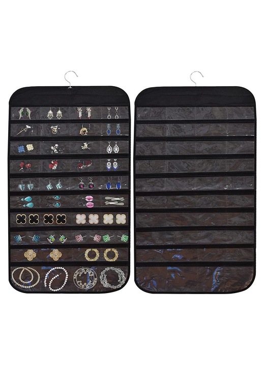 Set 2 saci depozitare bijuterii 80 buzunare dublu fata negru 220g
