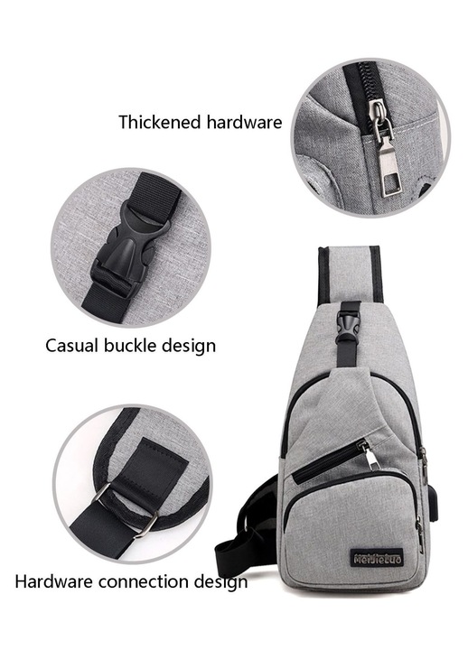 Rucsac crossbody gri, buzunare multiple, 31x17x5cm, cu port USB si jack casti