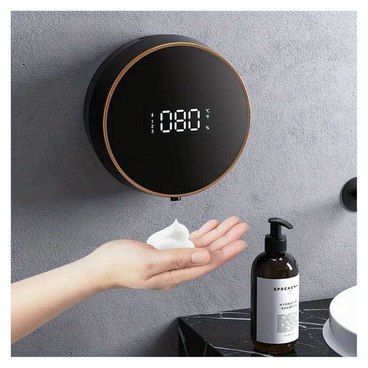 Automata habszappan adagoló, falra szerelhető, LED hőmérséklet kijelző, USB újratölthető, érintésmentes, 2000mAh