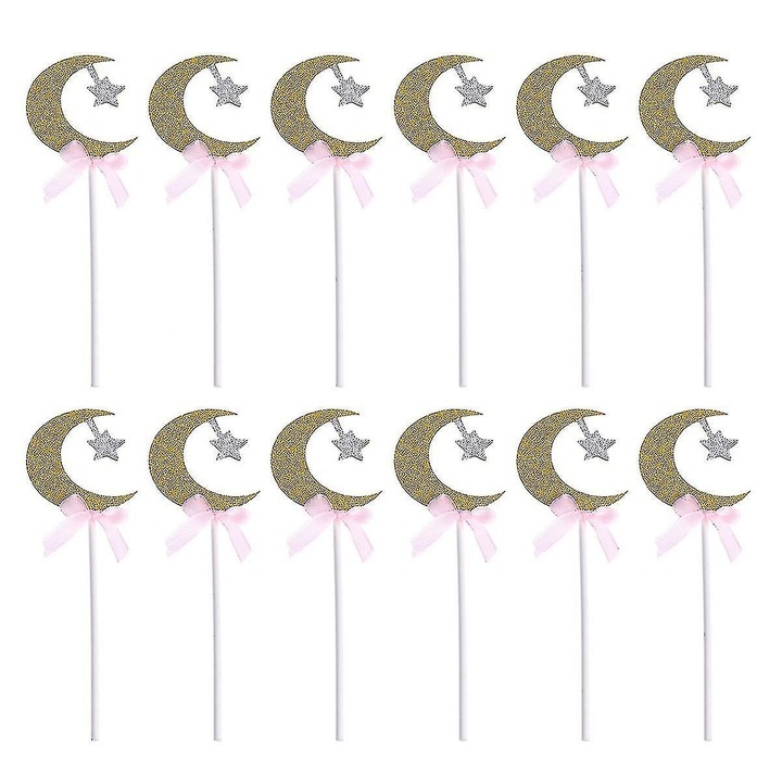 Set 12 decoratiuni tort luna stea fundita glitter acril 14x4x0.2cm