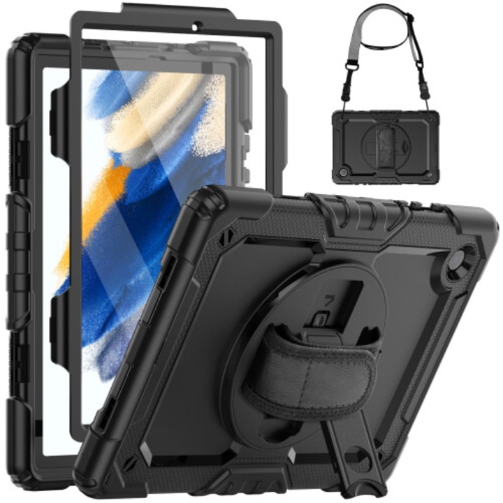 Husa tableta, 10.5 inch, negru, rotativa 360°, cu protectie ecran si suport