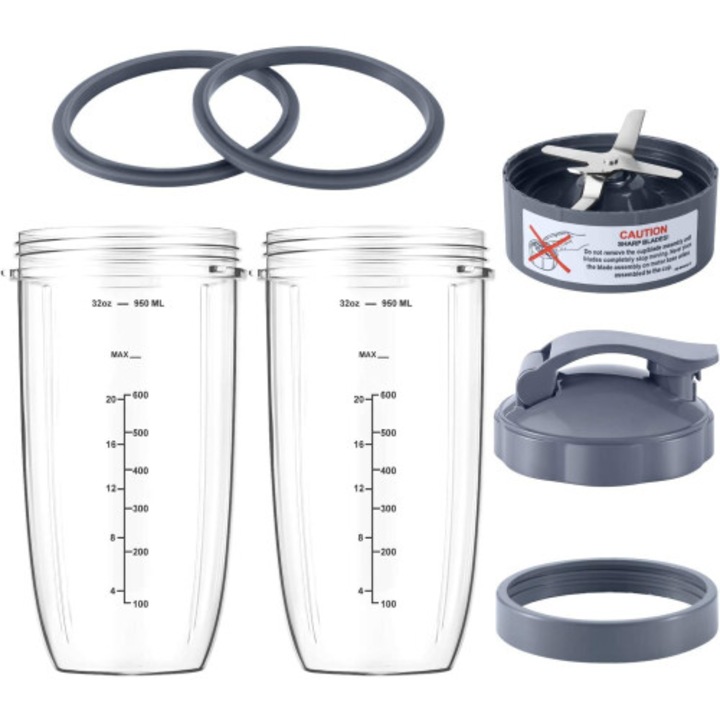 Set 7 piese cupe blender si lama, 32oz, capac flip-top, inel capac, extractor premium