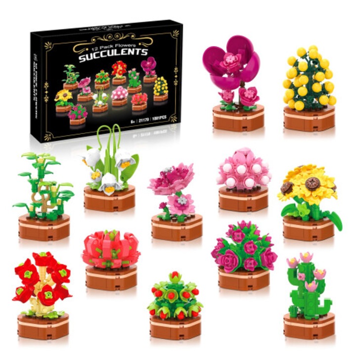 Set 12 flori suculente, 1001 piese, multicolor, DIY, 30x30x10cm